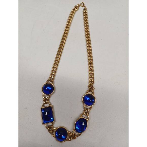 VTG. AVON GOLD TONE GLASS NECKLACE CUBAN LINK CHAIN COBALT BLUE MOGAL GRIPIOX - Picture 4 of 12